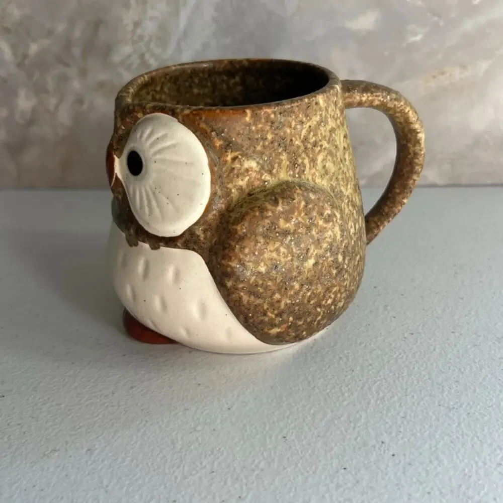 Studio Art Pottery Mug Owl Brown Speckled Hand Painted Matte Unmarked